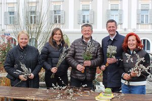 Dompfarrer Dr. Peter Allmaier mit Marktkoordinatorin Martina Derhaschnig und Bürgermeister Christian Scheider sowie den Mitarbeiterinnen der Dompfarre beim Palmbuschenbinden am Neuen Platz. Foto: SK / Glinik