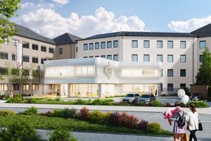 Das Elisabethinen-Krankenhaus wird umgebaut und erhält einen neuen Haupteingang und eine neue Postnarkose. Foto: Rendering / EKH