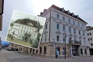 Neuer Platz 14: Die bewegte Geschichte des über 500 Jahre alten Hauses. Foto: Montage Mein Klagenfurt/Kärntner Sparkasse