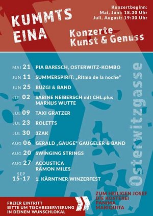KUMMTS EINA - OSTERWITZGASSE- Konzerte-Kunst-Genuss - Juni: Samstags ab 18:30 Uhr, Juli, August: Samstags ab 19:30 Uhr