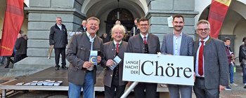 Bürgermeister Christian Scheider, Horst Moser - Kärntner Sängerbund, LHStv. Martin Gruber, Landesrat Peter Reichmann und Landtagspräsident Andreas Scherwitzl. Foto: Mein Klagenfurt