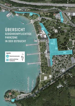 Die Übersichtskarte zeigt die gebührenpflichtige Parkzone Ostbucht und die Standorte der Parkscheinautomaten. Grafik: StadtKommunikation