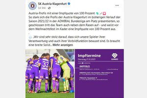 Mit dieser Botschaft plus kärntenweiter Impftermine ging Austria Klagenfurt gestern an die Öffentlichkeit. Foto: Screenshot Austria Klagenfurt/Facebook