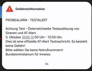 Auch AT-Alert wurde erfolgreich getestet. Screenshot: Mein Klagenfurt