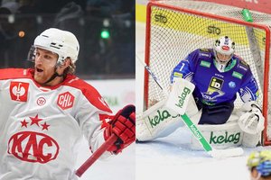 Wer wird Eishockey-Superstar 2023/24? KAC-Angreifer Johannes Bischofberger oser VSV-Tormann Jean-Philippe Lamoureux. Foto: CHL/VSV