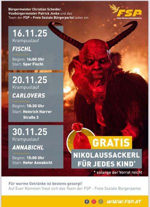 In Fischl, bei Carlovers Klagenfurt und in Annabichl lädt die Freie Soziale Bürgerpartei FSP Familien und Besucher zu Krampusläufen ein.