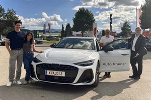 Wirtschaftsreferent Stadtrat Julian Geier besuchte den Geschäftsführer von Auto Krainer, Ing. Günther Krainer, in der Völkermarkterstraße 184, wo auch seine Kinder Lea und Moritz beruflich tätig sind. Foto: StadtKommunikation / Buchner