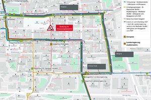 Die KMG-Linien A, C, 1, 4 und 8 werden über die Mießtaler Straße, die Adlergasse und die Burggasse zum Heiligengeistplatz umgeleitet.